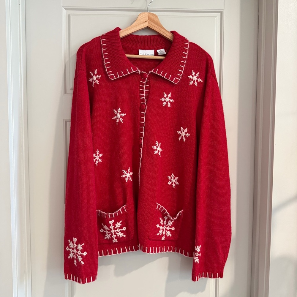 Vintage Red Snowflake Embroidered Collared Cardigan Button Front Sweater Size XL